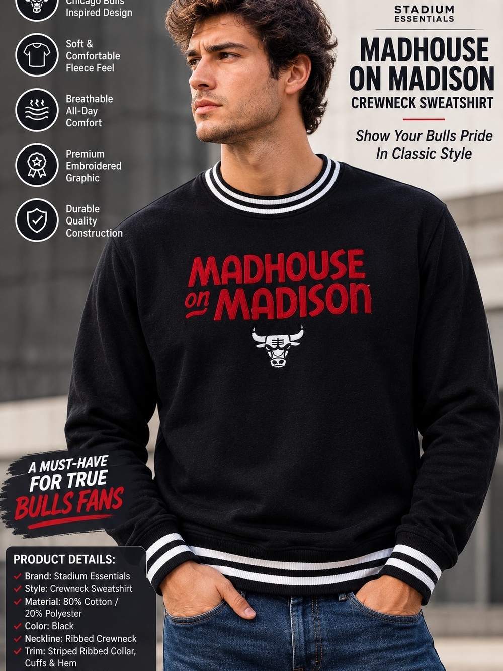 Chicago Bulls Madhouse On Madison Crewneck Sweatshirt Mens Medium NBA NWT Black